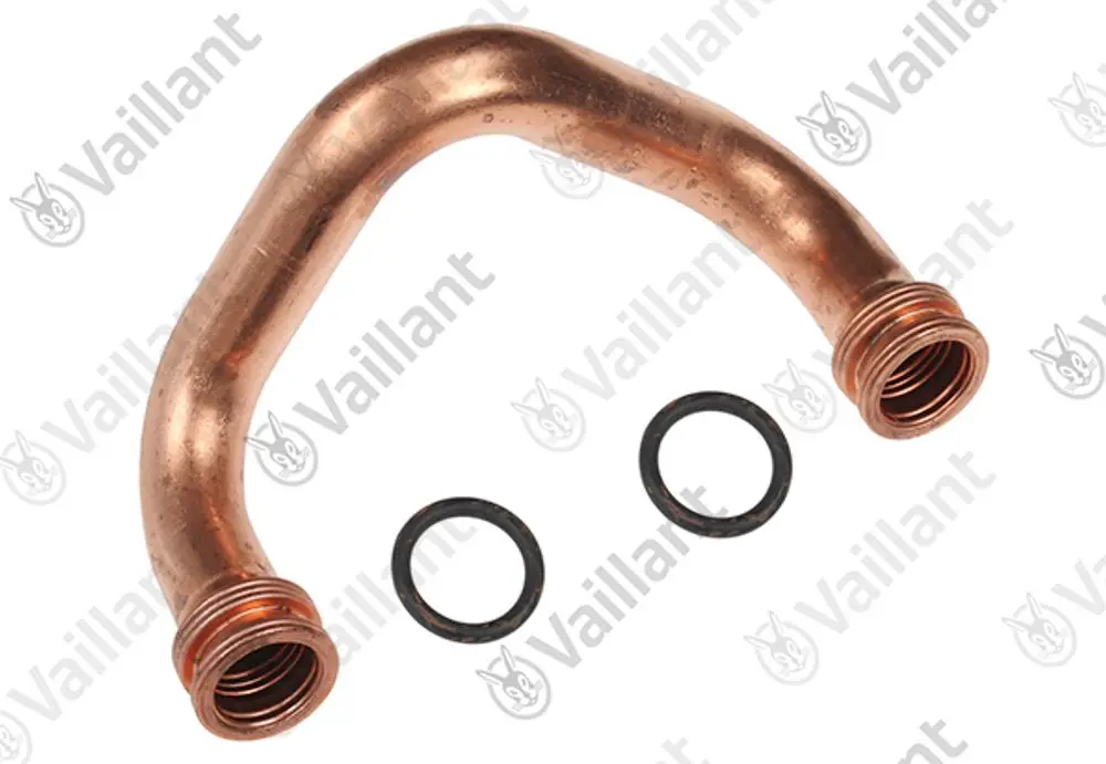 Kupferrohr von Vaillant mit zwei Gewinden und O-Ringen, gebogen und geeignet für verschiedene Heizungsanwendungen.